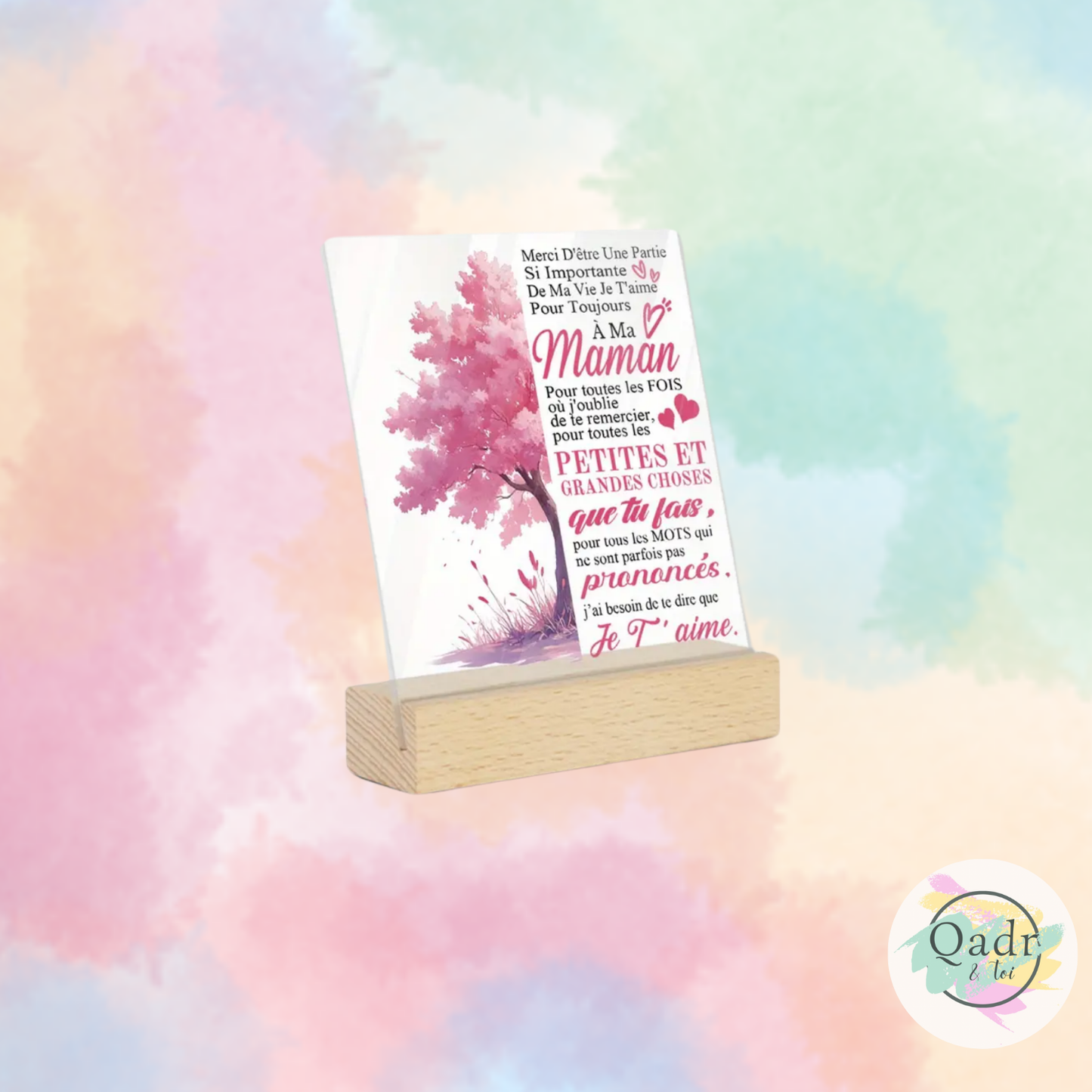 🌸 Plaque Acrylique 2D avec Socle Bois – Message Touchant pour Maman 🌸